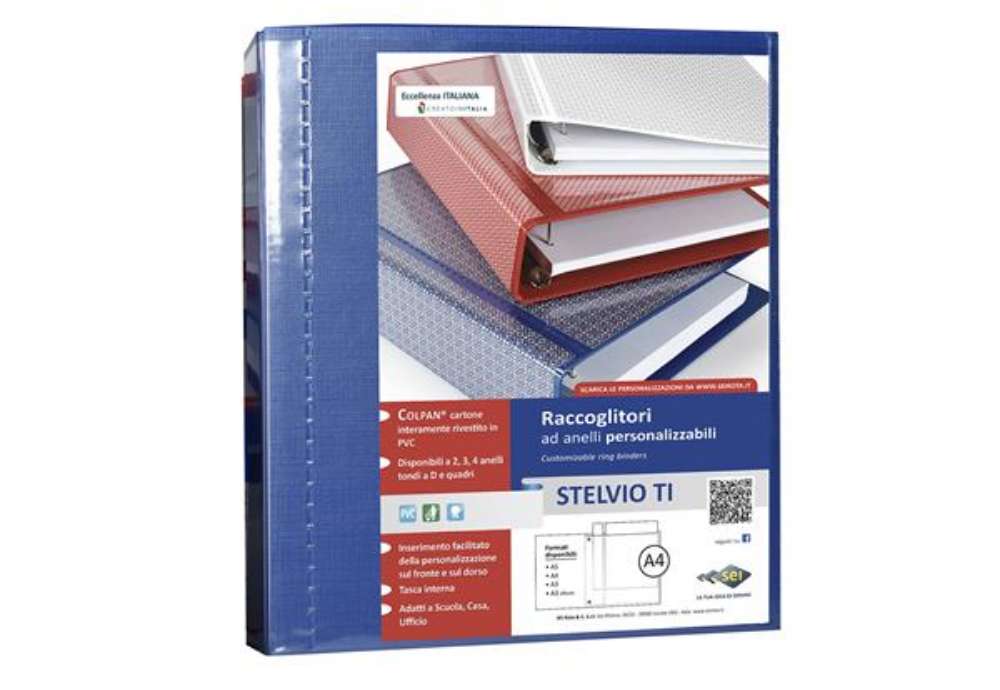Immagine di Raccoglitore personalizzabile Stelvio TI - 22 x 30 cm - 4 anelli a D 25 mm - dorso 4 cm - blu - Sei