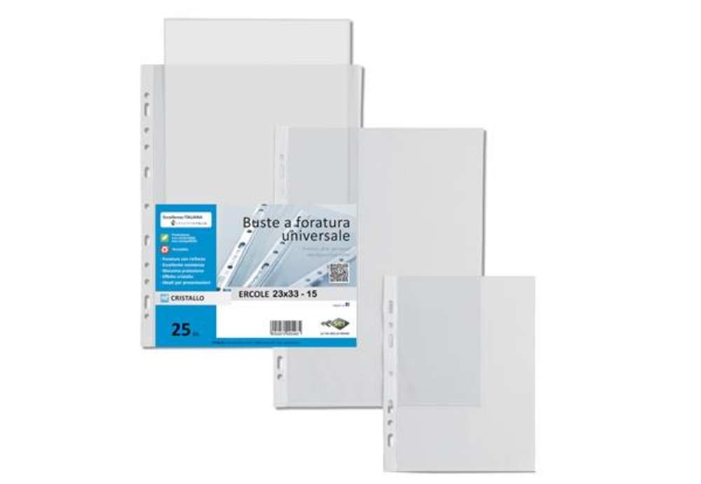Immagine di Buste forate Ercole - PVC liscio - 23 x 33 cm - trasparente - Sei Rota - conf. 25 pezzi