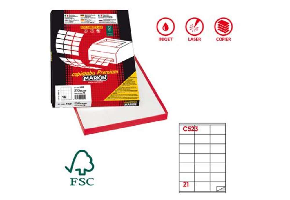 Immagine di Etichette adesive C/523 - in carta - permanenti - 70 x 41 mm - 21 et/fg - 100 fogli - bianco - Marki