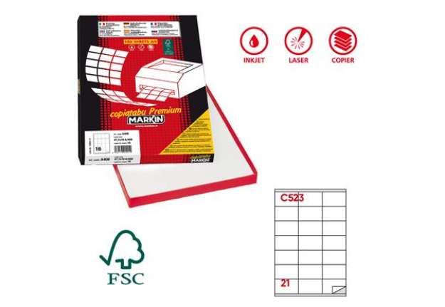 Immagine di Etichette adesive C/523 - in carta - permanenti - 70 x 41 mm - 21 et/fg - 100 fogli - bianco - Marki