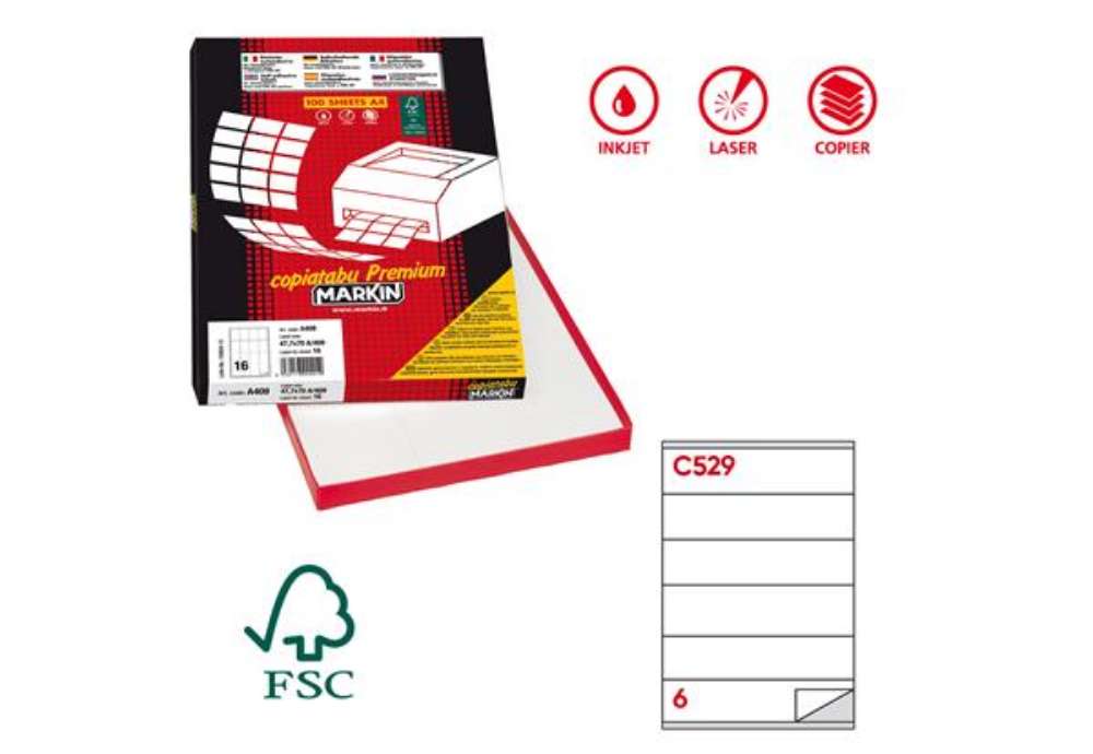 Immagine di Etichette adesive C/529 - in carta - permanenti - 210 x 48 mm - 6 et/fg - 100 fogli - bianco - Marki