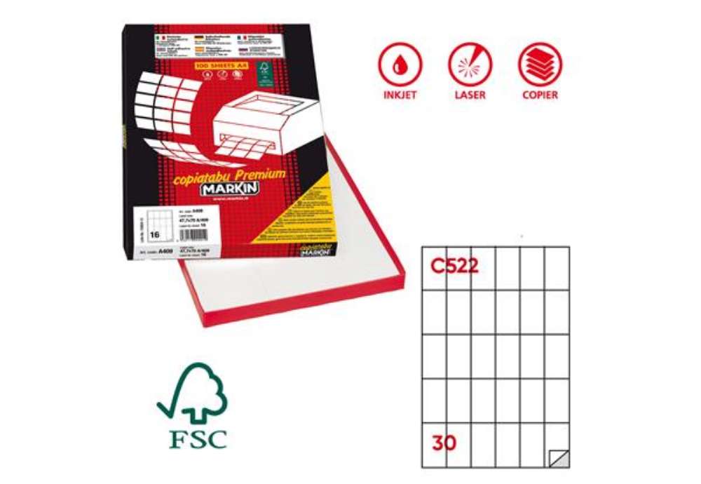 Immagine di Etichette adesive C/522 - in carta - permanenti - 35 x 59 mm - 30 et/fg - 100 fogli - bianco - Marki
