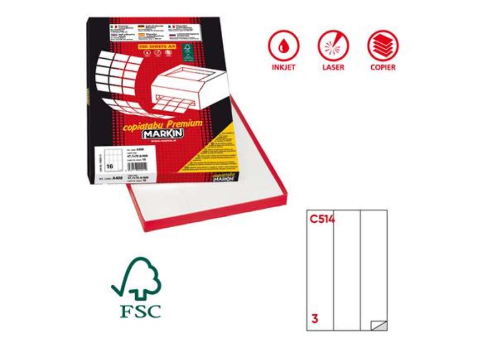 Immagine di Etichette adesive C/514 - in carta - permanenti - 70 x 297 mm - 3 et/fg - 100 fogli - bianco - Marki