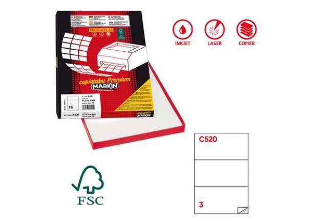 Immagine di Etichette adesive C/520 - in carta - permanenti - 210 x 99 mm - 3 et/fg - 100 fogli - bianco - Marki