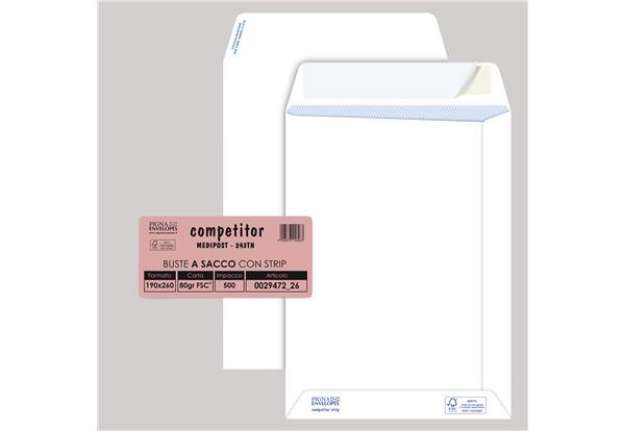 Immagine di Busta a sacco Competitor FSC - strip adesivo - 19 x 26 cm - 80 gr - bianco - Pigna Envelopes - conf.