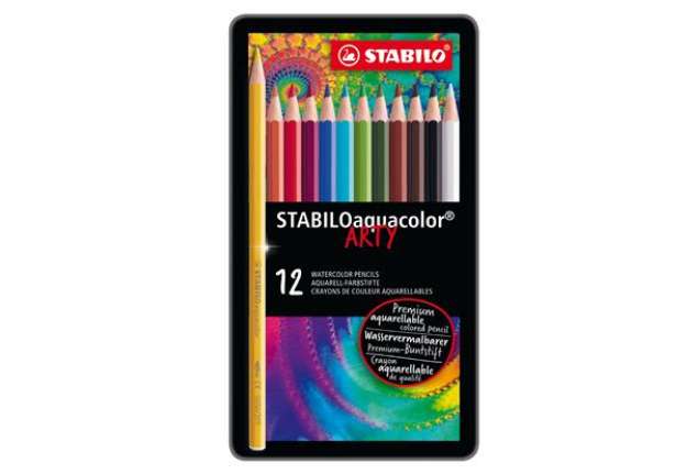 Immagine di Pastello Aquacolor 1612 - tratto 2,80 mm - colori assortiti - Stabilo - astuccio in metallo 12 pezzi