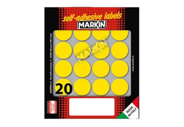 Immagine di Etichette adesive tonde - in carta - permanenti - diametro 27 mm - 20 et/fg - 10 fogli - giallo - Ma