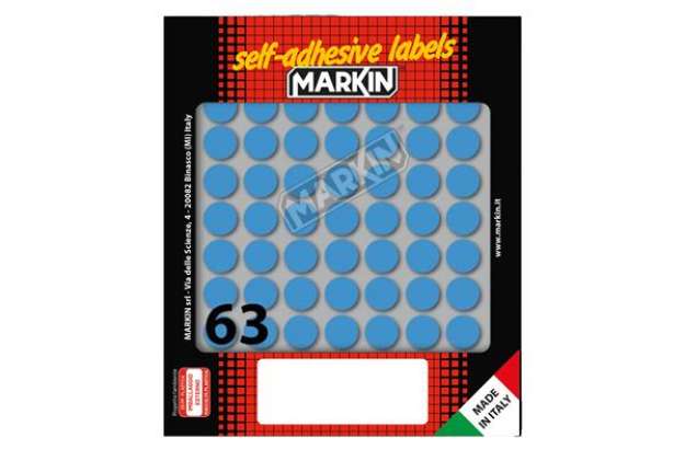Immagine di Etichette adesive tonde - in carta - permanenti - diametro 14 mm - 63 et/fg - 10 fogli - blu - Marki