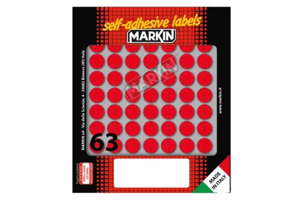 Immagine di Etichette adesive tonde - in carta - permanenti - diametro 14 mm - 63 et/fg - 10 fogli - rosso - Mar