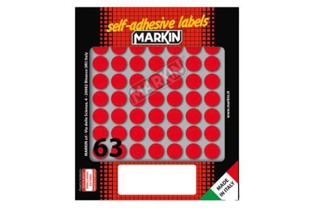 Immagine di Etichette adesive tonde - in carta - permanenti - diametro 14 mm - 63 et/fg - 10 fogli - rosso - Mar