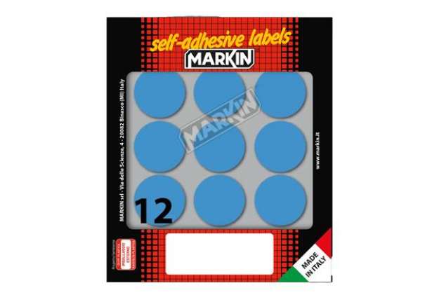 Immagine di Etichette adesive tonde - in carta - permanenti - diametro 34 mm - 12 et/fg - 10 fogli - blu - Marki