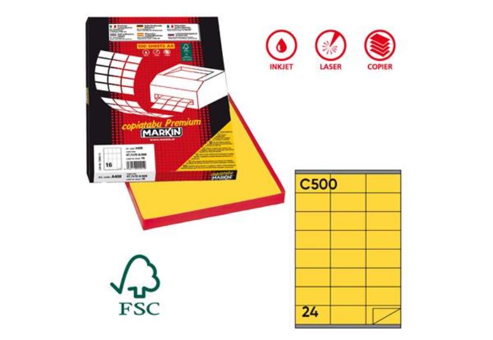 Immagine di Etichette adesive C/500 - in carta - permanenti - 70 x 36 mm - 24 et/fg - 100 fogli - giallo - Marki