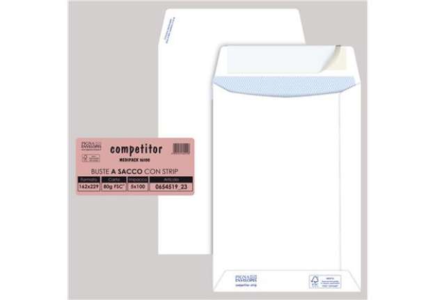 Immagine di Busta a sacco Competitor FSC - strip adesivo - 16 x 23 cm - 80 gr - bianco - Pigna Envelopes - conf.