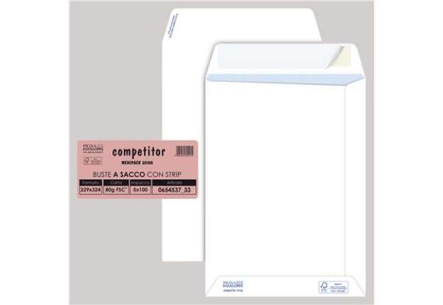 Immagine di Busta a sacco Competitor FSC - strip adesivo - 23 x 33 cm - 80 gr - bianco - Pigna Envelopes - conf.