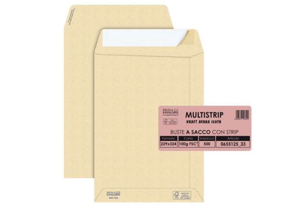 Immagine di Busta a sacco Multi Strip - strip adesivo - 23 x 33 cm - 100 gr - carta riciclata FSC - avana - Pign