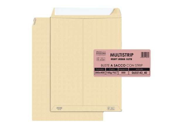 Immagine di Busta a sacco Multi Strip - strip adesivo - 30 x 40 cm - 100 gr - carta riciclata FSC - avana - Pign