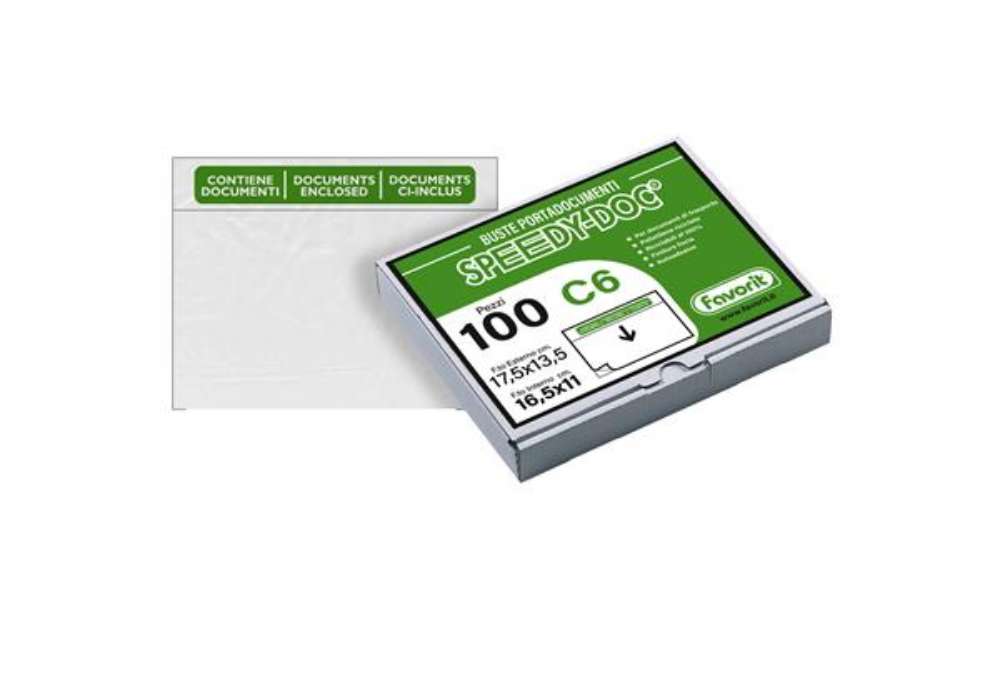 Immagine di Busta adesiva Speedy Doc - con stampa "contiene documenti" - C6 (16,5 x 11 cm) - LDPE - trasparente