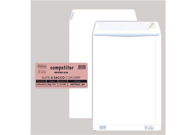 Immagine di Busta a sacco Competitor FSC - strip adesivo - 25 x 35,3 cm - 80 gr - bianco - Pigna Envelopes - con