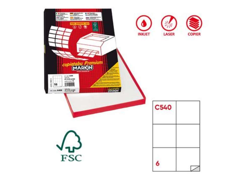 Immagine di Etichette adesive C/540 - in carta - permanenti - 105 x 99 mm - 6 et/fg - 100 fogli - bianco - Marki