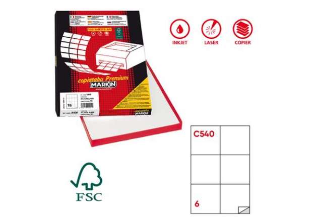 Immagine di Etichette adesive C/540 - in carta - permanenti - 105 x 99 mm - 6 et/fg - 100 fogli - bianco - Marki