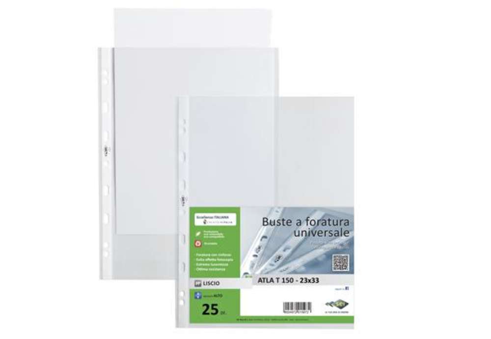 Immagine di Buste forate Atla T - pesante - liscio - 23 x 33 cm - trasparente - Sei Rota - conf. 25 pezzi