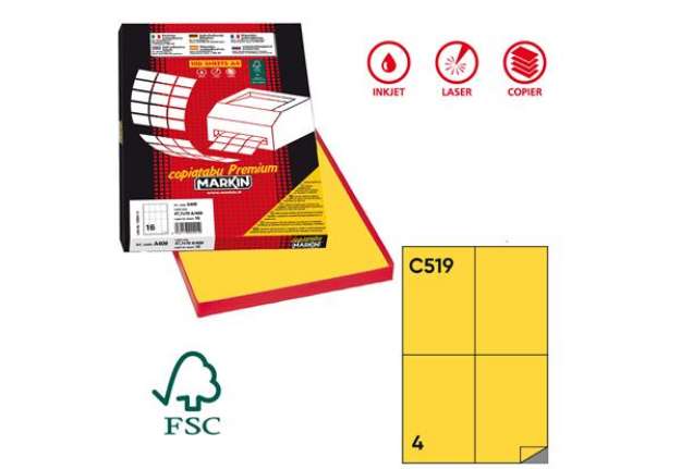 Immagine di Etichette adesive C/519 - in carta - permanenti - 105 x 148,5 mm - 4 et/fg - 100 fogli - giallo - Ma