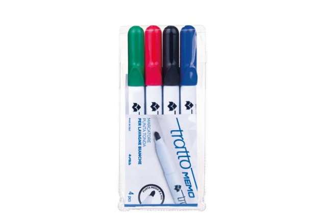 Immagine di Pennarello a secco Tratto Memo per lavagne cancellabili - astuccio 4 colori - punta conica 2,5mm - T