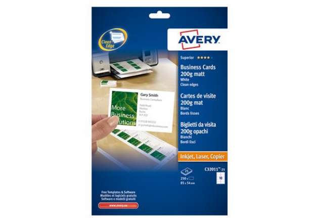 Immagine di Biglietti da visita - 85 x 54 mm - 200 gr - effetto opaco - bianco - Avery - conf. 25 fogli da 10 bi