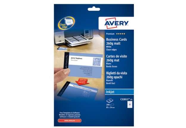 Immagine di Biglietti da visita - 85 x 54 mm - 260 gr - effetto opaco - bianco - Avery - conf. 25 fogli da 8 big
