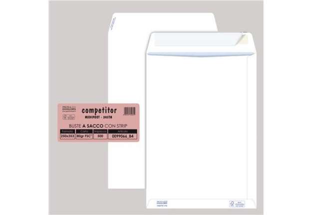 Immagine di Busta a sacco Competitor FSC - strip adesivo - 25 x 35,3 cm - 80 gr - bianco - Pigna Envelopes - con