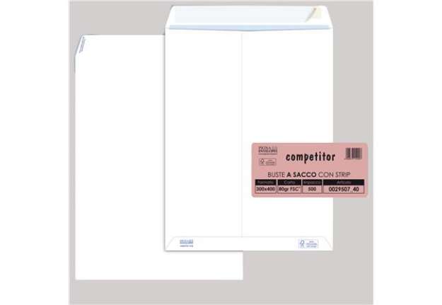 Immagine di Busta a sacco Competitor FSC - strip adesivo - 30 x 40 cm - 80 gr - bianco - Pigna Envelopes - conf.