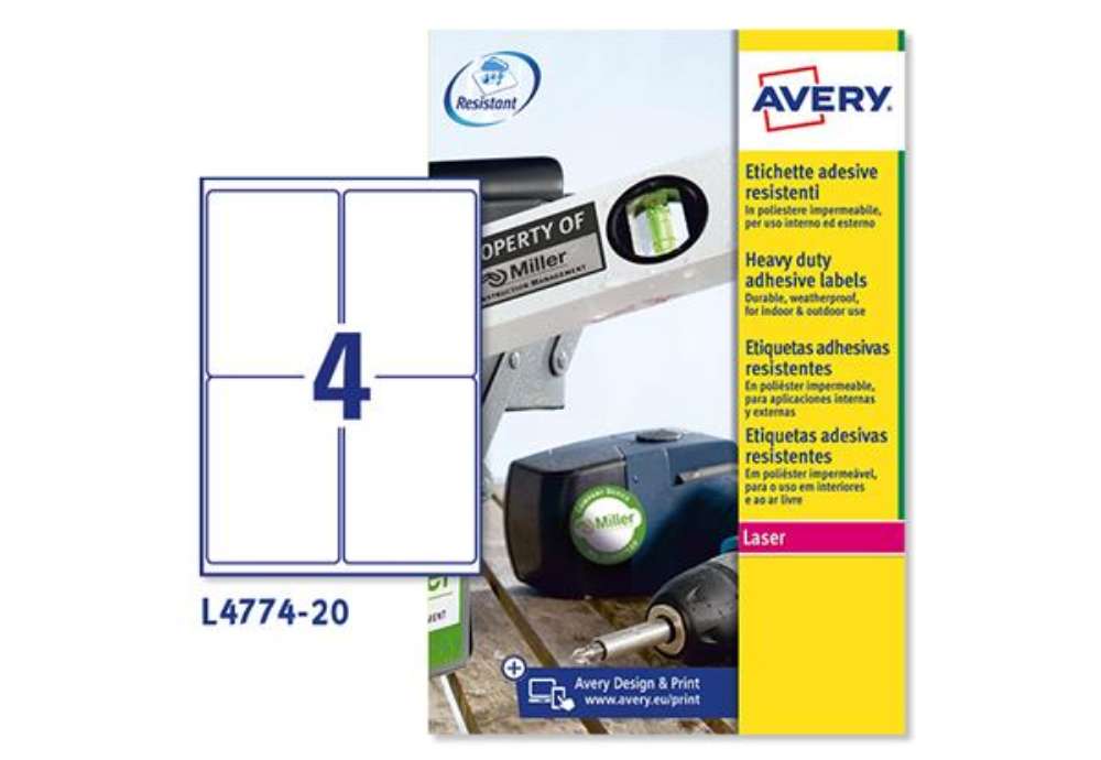 Immagine di Etichette adesive L4774 - in poliestere - laser - permanenti - 99,1 x 139 mm - 4 et/fg - 20 fogli -