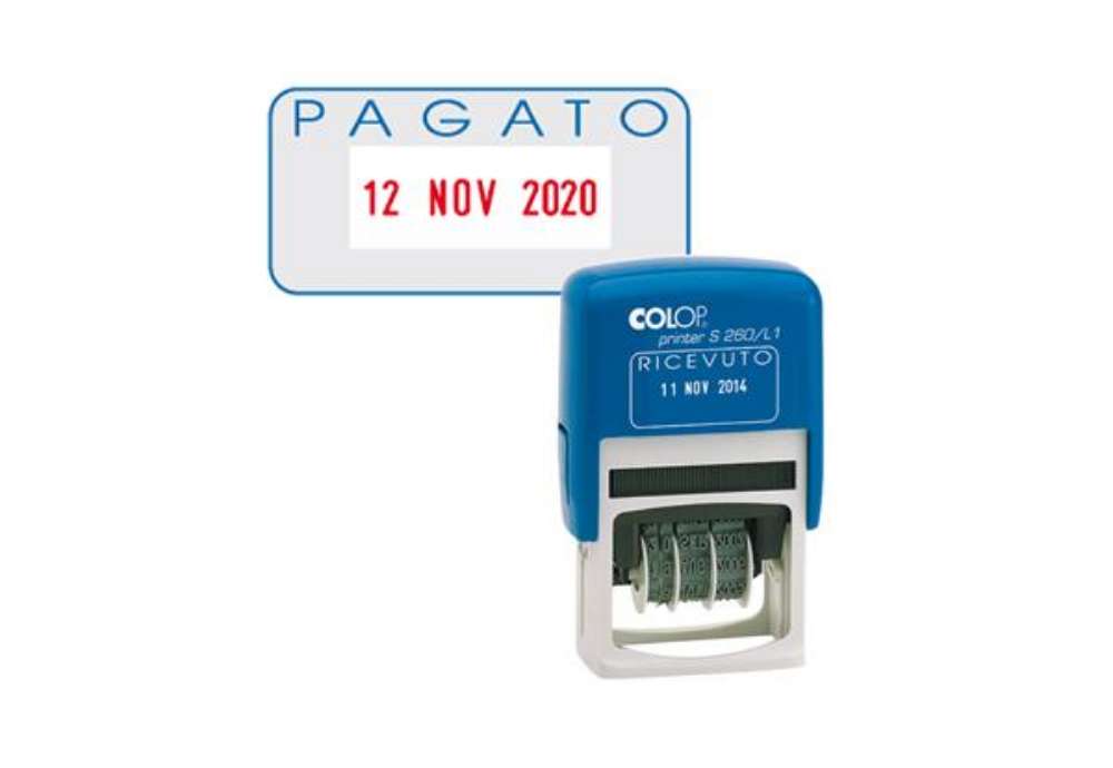 Immagine di Timbro S260/L2 Datario + PAGATO - 4 mm - autoinchiostrante - bicolore - Colop