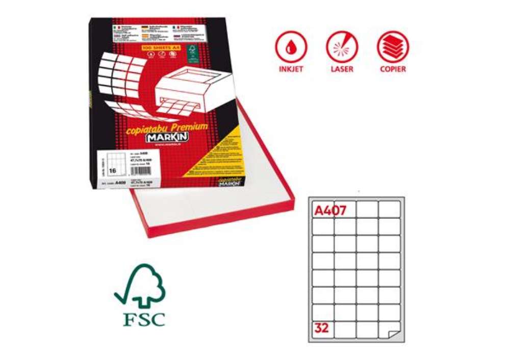 Immagine di Etichette adesive A/407 - in carta - permanenti - 47,5 x 35 mm - 32 et/fg - 100 fogli - bianco - ang