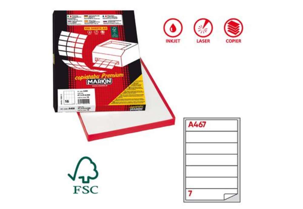 Immagine di Etichette adesive A/467 - in carta - permanenti - 190 x 38 mm - 7 et/fg - 100 fogli - bianco - angol