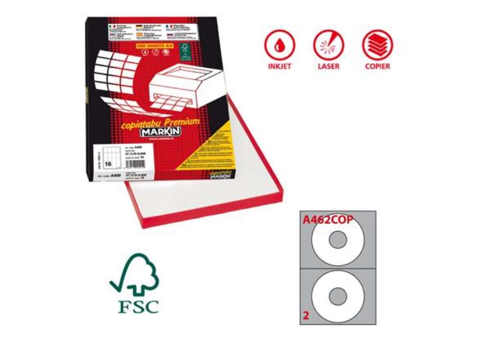 Immagine di Etichette adesive A/462 - in carta - permanenti - diametro CD 117,5 mm - foro 41 mm - 2 et/fg - 100