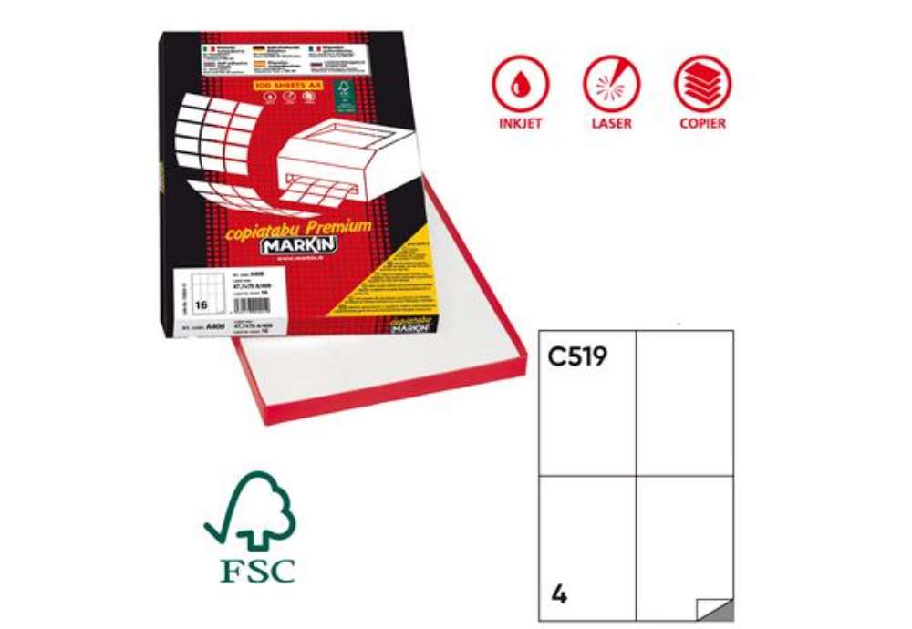 Immagine di Etichette adesive C/519 - in carta -extra permanenti - 105 x 148,5 mm - 4 et/fg - 100 fogli - bianco
