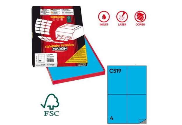 Immagine di Etichette adesive C/519 - in carta - permanenti - 105 x 148,5 mm - 4 et/fg - 100 fogli - blu - Marki