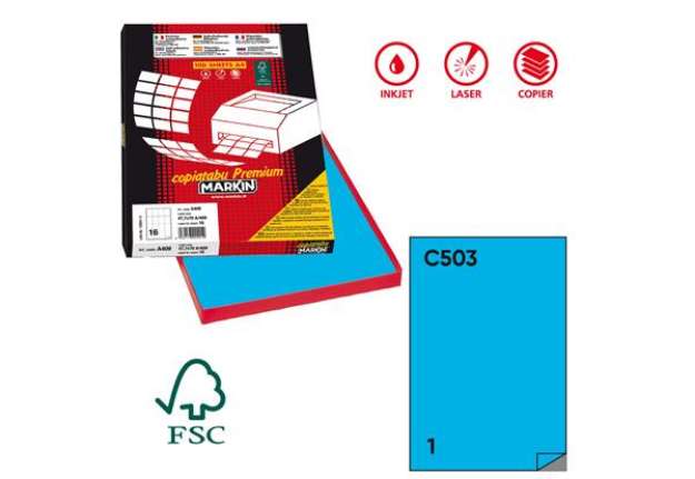 Immagine di Etichette adesive C/503 - in carta - permanenti - 210 x 297 mm - 1 et/fg - 100 fogli - blu - Markin