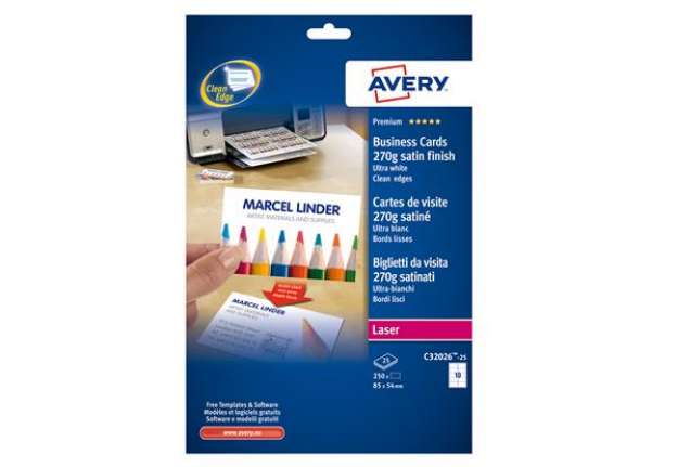 Immagine di Biglietti da visita - 85 x 54 mm - 270 gr - effetto satinato - bianco - Avery - conf. 25 fogli da 10