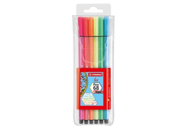 Immagine di Pennarello Pen 68 - colori assortiti neon - Stabilo - astuccio 6 pezzi
