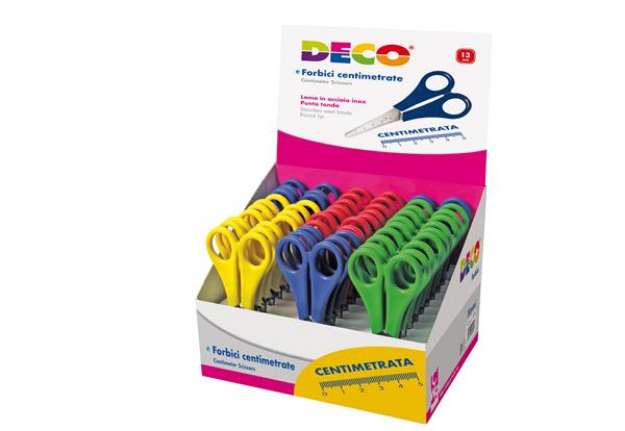 Immagine di Forbici centimetrate - punta tonda - 13 cm - lama in acciaio inox - colori assortiti - DECO - conf.