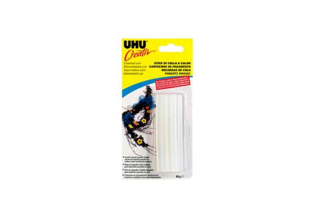 Immagine di Colla termofusibile - diametro 7mm - 60gr - per bassa temperatura - Uhu - conf. 5 pezzi