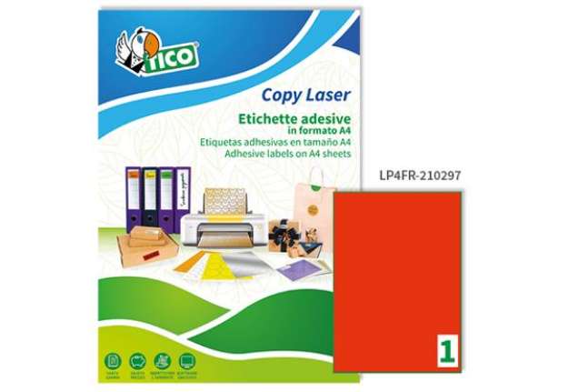 Immagine di Etichette adesive LP4F - in carta - permanenti - 210 x 297 mm - 1 et/fg - 70 fogli - rosso fluo - Ti