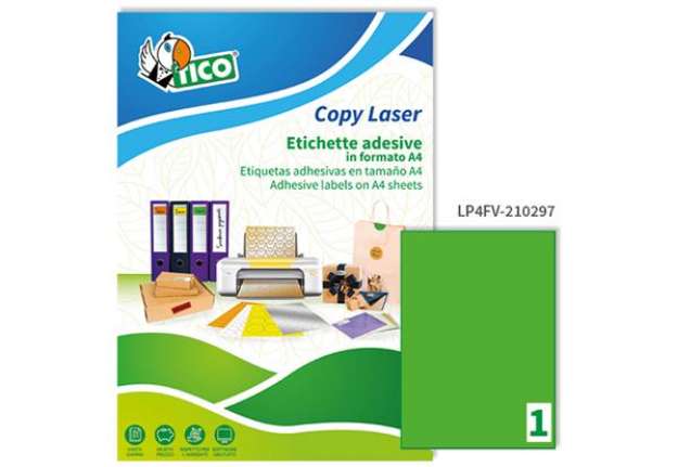 Immagine di Etichette adesive LP4F - in carta - permanenti - 210 x 297 mm - 1 et/fg - 70 fogli - verde fluo - Ti