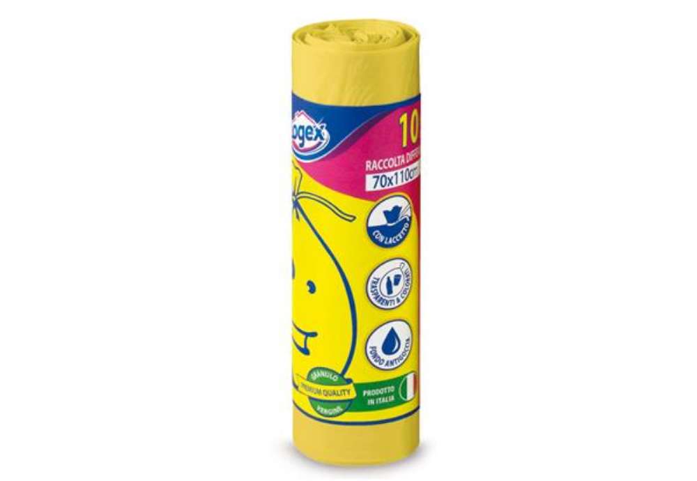 Immagine di Sacchi per immondizia - 70x110 cm - 120 L - 16 micron - giallo - Logex Professional - rotolo da 10 s