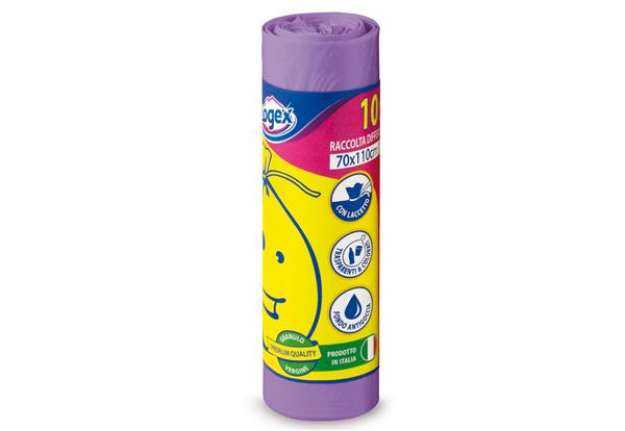 Immagine di Sacchi per immondizia - 70x110 cm - 120 L - 16 micron - viola - Logex Professional - rotolo da 10 sa