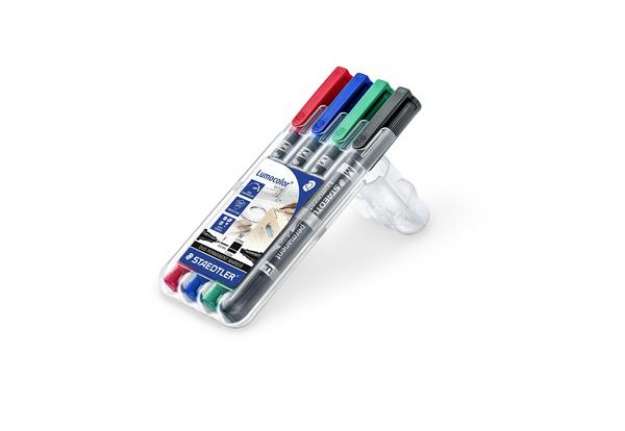 Immagine di Pennarello Lumocolor Permanent Duo 348 punta feltro - punta 0,6mm e 1,5mm - astuccio 4 colori - Stae