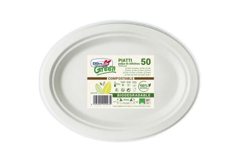Immagine di Piatto piano monouso - ovale - 26 x 19,5 cm - cellulosa - bianco - Dopla Green - conf. 50 pezzi