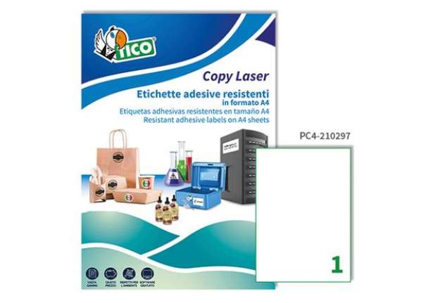 Immagine di Etichette adesive PC4 - in poliestere - laser - permanenti - 210 x 297 mm - 1 et/fg - 100 fogli - tr